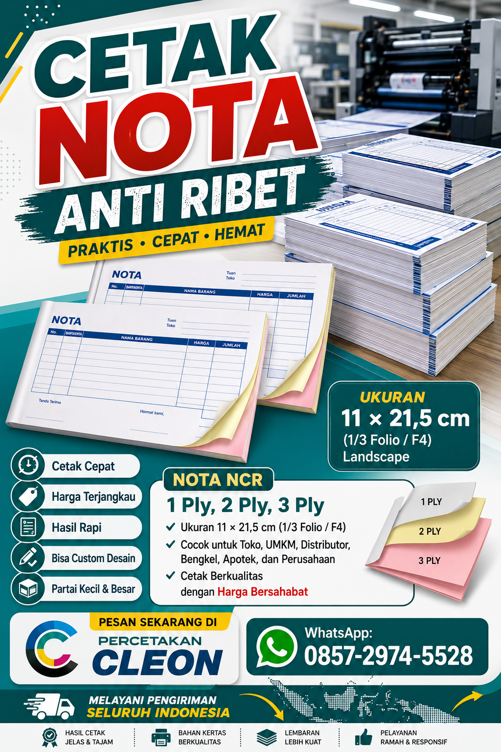 Cetak nota NCR 3 ply murah & cepat di Jogja! Cocok untuk UMKM, toko, & bengkel. Hubungi Percetakan CLEON via WhatsApp 0857-2974-5528